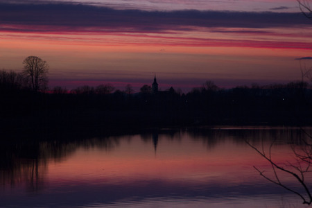 Sunset over Sava river in Lonjsko polje, Croatiaの写真素材