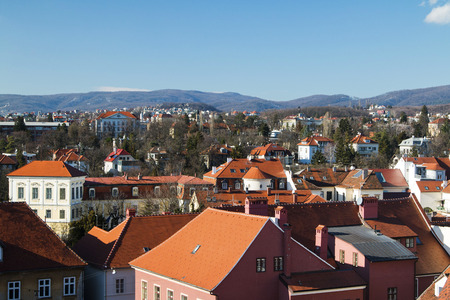 Rooftops and aerial view of Upper town and Tuskanac in Zagrebの写真素材