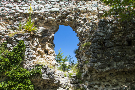 The hole in ruined medieval fortress Okic in Croatiaの写真素材