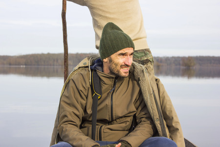 Men in boat on the river, rowing, adventure, realの写真素材