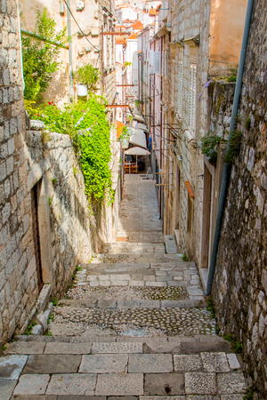 Narrow street and stairs in the Old Town in Dubrovnik, Croatiaの写真素材