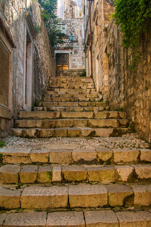 Narrow street and stairs in the Old Town in Dubrovnik, Croatia, Mediterranean ambientの写真素材