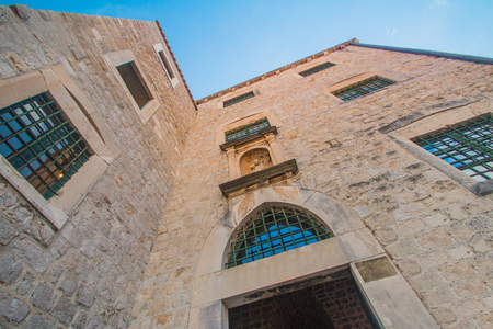 Old stone houses facades in the old town of Dubrovnik, Croatia, wide angleの写真素材