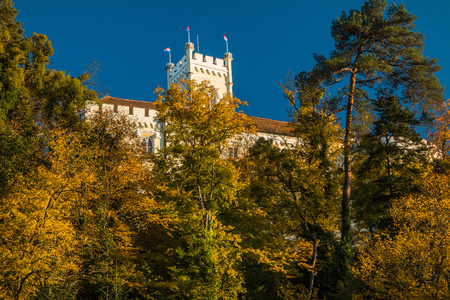 Roof of the Castle of Trakoscan above trees on hill in autumn, Zagorje, Croatiaのeditorial素材