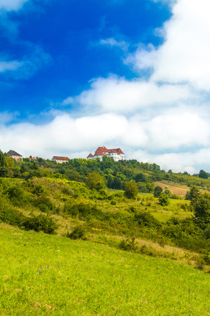 Landscape in Zagorje, Croatia, with old castle Veliki Tabor on hillのeditorial素材