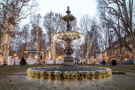 Illuminated fountain in Zrinjevac park, Zagreb, Croatia, Christmas market, Adventの写真素材