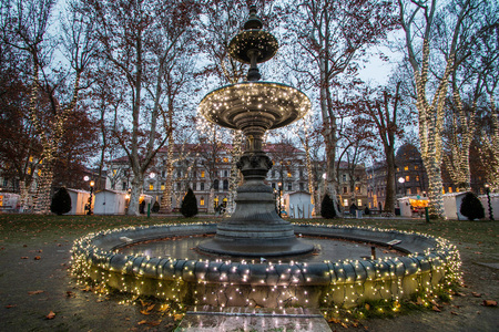 Illuminated fountain in Zrinjevac park, Zagreb, Croatia, Christmas market, Adventの写真素材