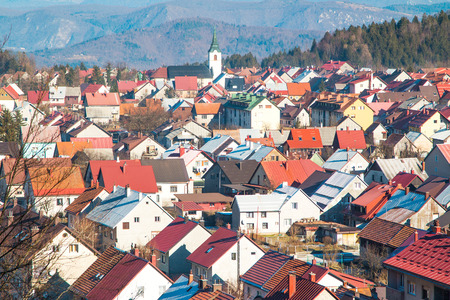 Panoramic view of Croatian town Delnice, Gorski Kotar in winterの写真素材