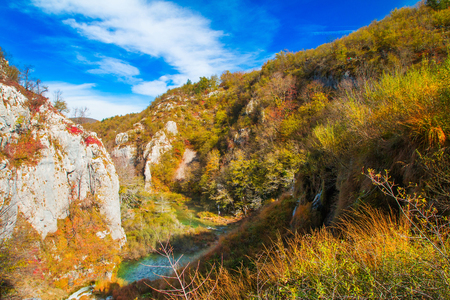 Canyon in Plitvice Lakes National Park in Croatia in autumnの写真素材