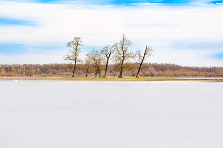 Beautiful winter landscape in countryside, frozen lake surface in nature park Lonjsko polje, Croatiaの写真素材