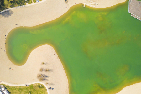 Croatia, Zagreb city, Bundek lake from drone, overhead view, green recreaction parkの写真素材
