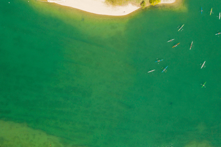 Croatia, Zagreb city, panoramic aerial view of Jarun lake from drone, overhead view, unrecognizable...