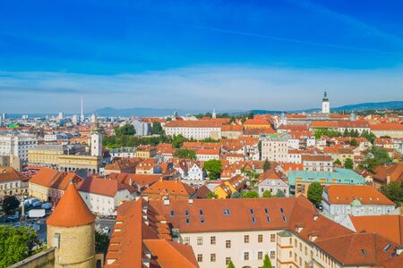 Croatia, panoramic view on Upper town in Zagreb, red roofs and palaces of old baroque centerの写真素材