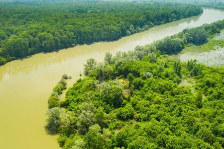 Sava river fron air, landscape in nature park Lonjsko polje, Croatia, panoramic view of woods and river floodsの写真素材
