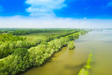 Landscape in nature park Lonjsko polje, Croatia, from air, panoramic view of flooded field in springの写真素材