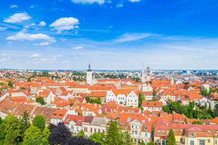 Panoramic view on Upper town in Zagreb, red roofs and palaces of old baroque center, political center of Croatiaの写真素材