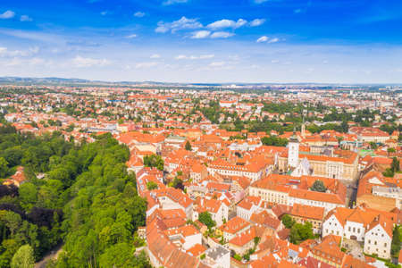 Panoramic view on Upper town and st Mark church in Zagreb, red roofs and palaces of old baroque center, political center of Croatiaの写真素材