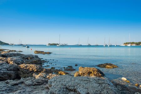 Yachting paradise, yachts and sailboats in the morning in blue bay on Croatian Adriatic, Kosirina...