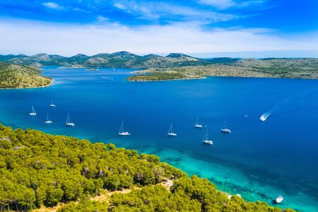 Aerial view of the blue bay and small islands in nature park Telascica, Croatia, Dugi otok, yachts...