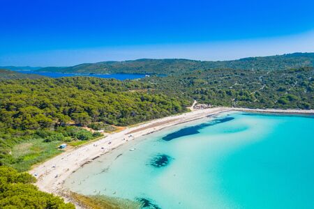 Aerial view of sailing boats in a beautiful azure turquoise lagoon on Sakarun beach on Dugi Otok island, Croatia, beautiful seascapeの写真素材