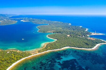 Aerial view of spectacular turquoise lagoon and pine beaches on Dugi Otok island, Croatia, beautiful seascapeの写真素材