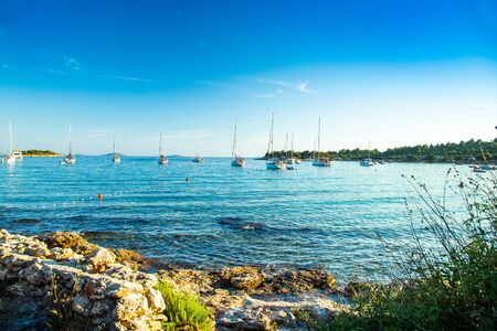 Yachting on Adriatic sea in Croatia, sailing boats and yachts in the morning in blue bay lagoon on Murter islandの写真素材