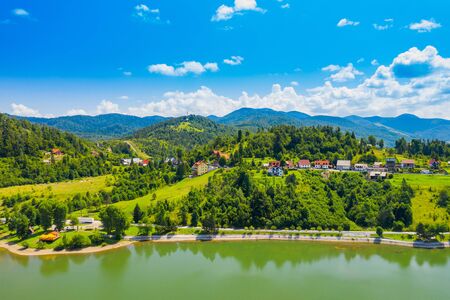 Beautiful town of Fuzine on Lake Bajer, Gorski kotar region, Croatia, aerial view from droneの写真素材