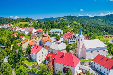 Town of Fuzine on lake Bajer, Gorski kotar region, Croatia, aerial view from droneの写真素材