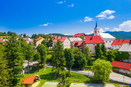 Town of Fuzine on lake Bajer, Gorski kotar region, Croatia, aerial view from droneの写真素材