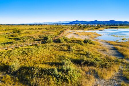 Beautiful nature park Vrana lake (Vransko jezero), wooden boardwalk of bird observatory, Dalmatia, Croatia, morning aerial shotの写真素材