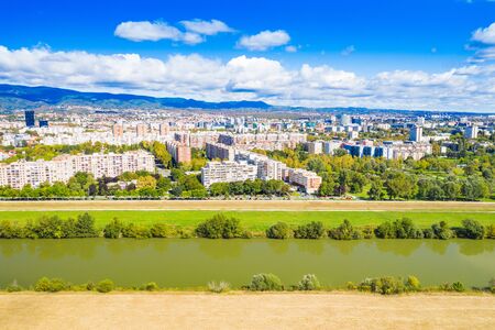 Croatia, city of Zagreb, aerial view of Sava river and modern skyline in autumn dayの写真素材