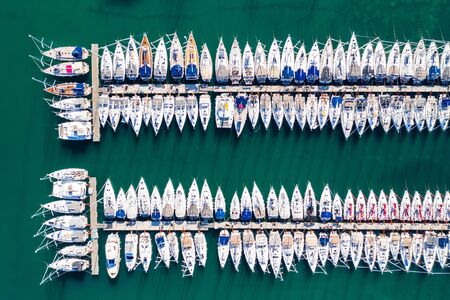 Aerial overhead view of yachts in marina in town of Biograd na Moru, Adriatic sea in Croatiaの写真素材