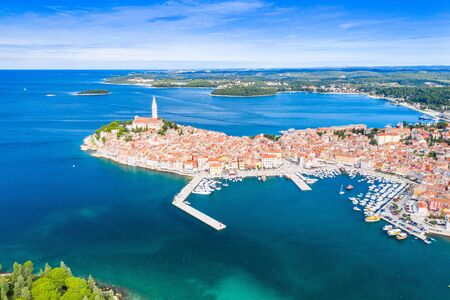 Croatia, Istria, panoramic view of the old town of Rovinj on Adriatic sea coastlineの写真素材