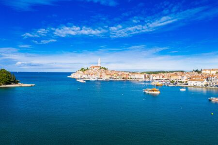 Croatia, Istria, panoramic view of the beautiful old town of Rovinj on Adriatic sea coastlineの写真素材