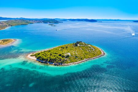 Beautiful blue seascape, archipelago on Adriatic sea in Croatia, near Pakostaneの写真素材