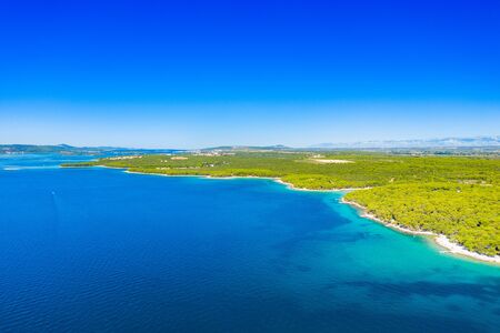Beautiful blue seascape, archipelago on Adriatic sea in Croatia, near Pakostaneの写真素材