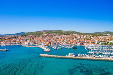 Town of Vodice and amazing turquoise coastline on Adriatic coast, aerial view, Croatiaの写真素材