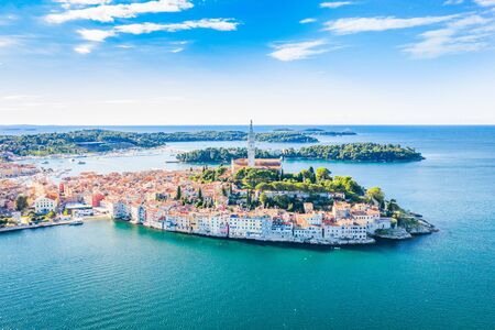 Croatia, panoramic view of beautiful blue Adriatic coast in Istria, aerial of old town of Rovinjの写真素材