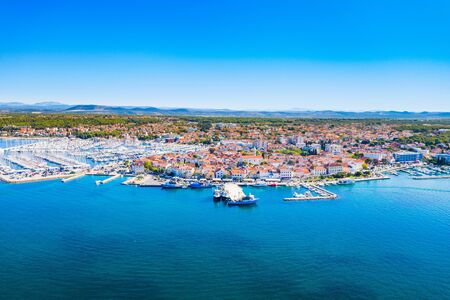 Croatia, town of Biograd on the Adriatic sea, aerial view of marina and historic town centerの写真素材