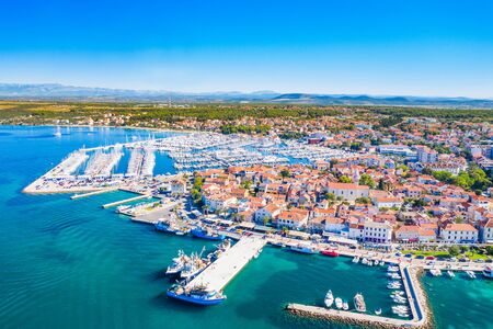 Croatia, town of Biograd on the Adriatic sea, aerial view of marina and historic town centerの写真素材