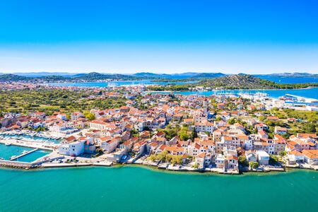 Croatia, Island of Murter, beautiful coastal touristic town of Betina on Adriatic sea, drone aerial viewの写真素材