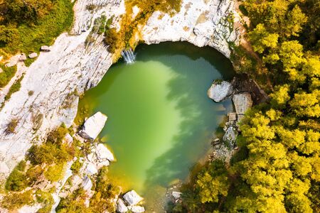 Beautiful waterfall Zarecki Krov on Pazincica River near Pazin in Istria, Croatia, overhead viewの写真素材