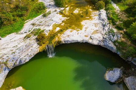 Beautiful waterfall Zarecki Krov on Pazincica River in Croatiaの写真素材