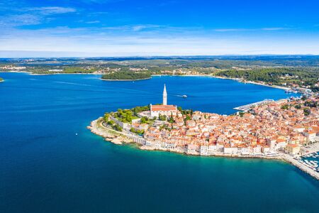 Croatia, Istria, beautiful old town of Rovinj on Adriatic sea coastline, aerial view from droneの写真素材