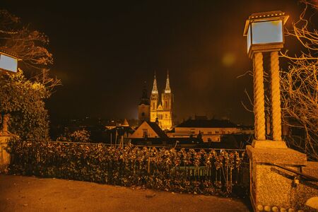 Zagreb Cathedral and St. Mary's Church in the night from Upper town. Capital of Croatia, panoramic viewの写真素材