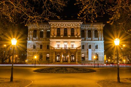 Croatia, city of Zagreb, academy palace building in the night, long exposure
