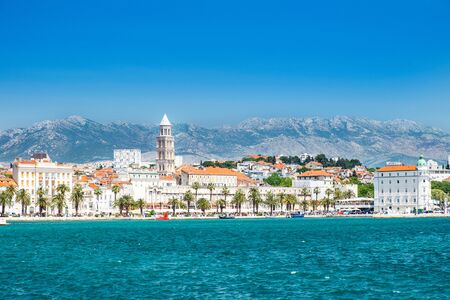 Croatia, Adriatic coast, city of Split, view on waterfront seascape and cathedral towerの写真素材