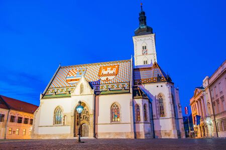 Croatia, city of Zagreb, st. Mark's Church on Upper Town in the nightの写真素材