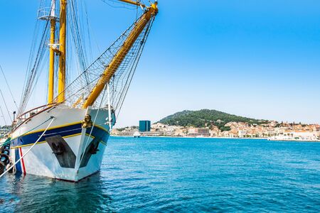 City of Split skyline, Croatia, waterfront and old ships in the harbor, Adriatic coast, beautiful blue seascapeの写真素材