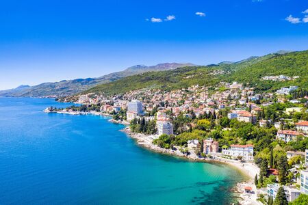 Croatia, Adriatic coast, beautiful town of Opatija and Volosko, popular tourist resort, coastline aerial view, Kvarner bayの写真素材